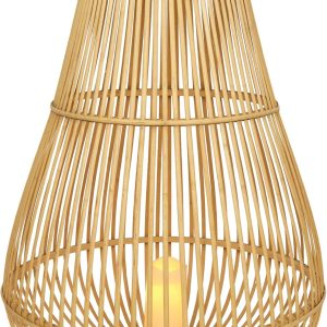 Alpine Corporation IWY108HH-L Outdoor Bamboo Lantern with LED Candle, Brown Finish for Patio and Garden Decor, 33" Tall