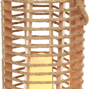 Alpine Corporation SKY392TM 28" H, Hemp Rope Wooden Lantern with Flickering LED Lights, Garden Decor for Patio, Lawn, and Yard