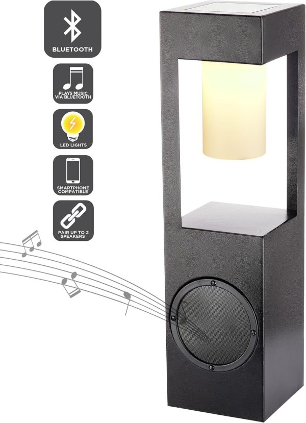 Alpine Corporation 24" H Modern Outdoor Solar-Powered Metal Lantern with LED Light and Bluetooth Speaker, Black - Image 2