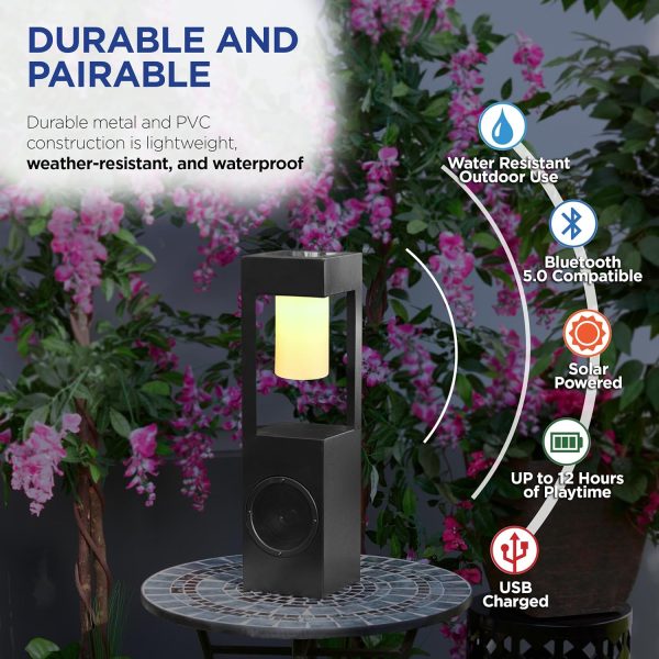 Alpine Corporation 24" H Modern Outdoor Solar-Powered Metal Lantern with LED Light and Bluetooth Speaker, Black - Image 5