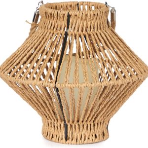 Alpine Corporation LAN420HH-BG-TM Hanging Woven Lantern with LED Candle and Timer, Boho Home Decor, 9" H, Beige