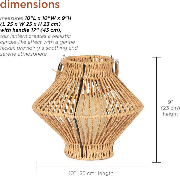 Alpine Corporation LAN420HH-BG-TM Hanging Woven Lantern with LED Candle and Timer, Boho Home Decor, 9" H, Beige - Image 2