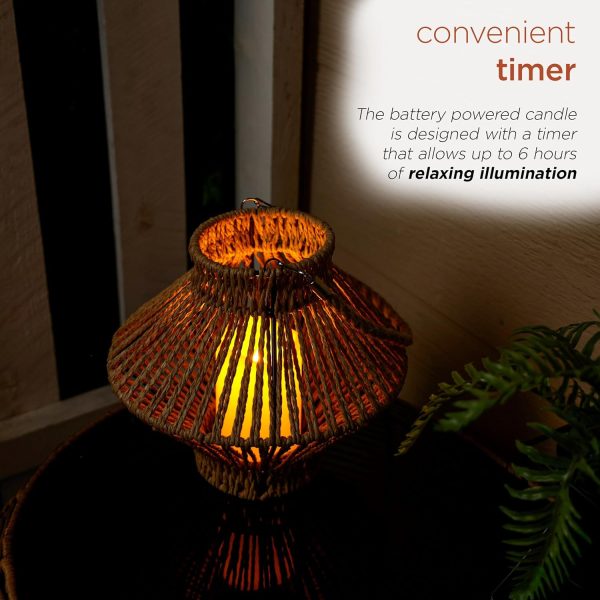 Alpine Corporation LAN420HH-BG-TM Hanging Woven Lantern with LED Candle and Timer, Boho Home Decor, 9" H, Beige - Image 5