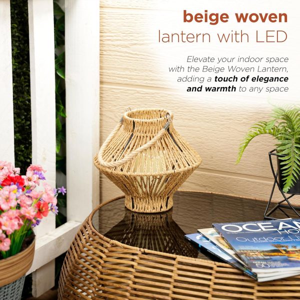 Alpine Corporation LAN420HH-BG-TM Hanging Woven Lantern with LED Candle and Timer, Boho Home Decor, 9" H, Beige - Image 6