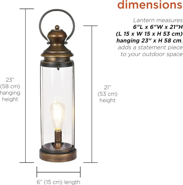 Alpine Corporation ILT102HH-L-GD Gold Metal & Glass Lantern with Warm White LED Light, LED Patio Light, 21" H, Large, Gold - Image 2
