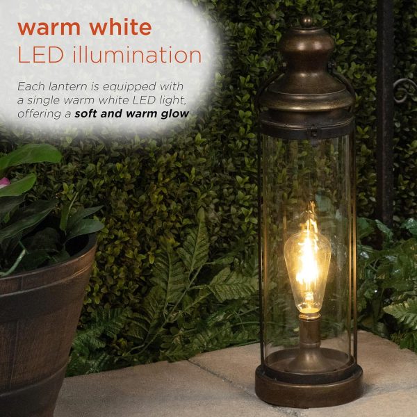 Alpine Corporation ILT102HH-L-GD Gold Metal & Glass Lantern with Warm White LED Light, LED Patio Light, 21" H, Large, Gold - Image 4