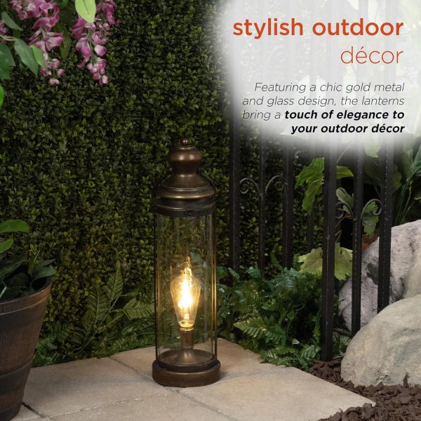 Alpine Corporation ILT102HH-L-GD Gold Metal & Glass Lantern with Warm White LED Light, LED Patio Light, 21" H, Large, Gold - Image 5