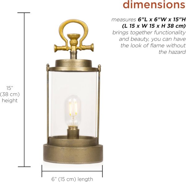 Alpine Corporation ILT102HH-L-GD Gold Metal & Glass Lantern with Warm White LED Light, LED Patio Light, 21" H, Large, Gold - Image 12