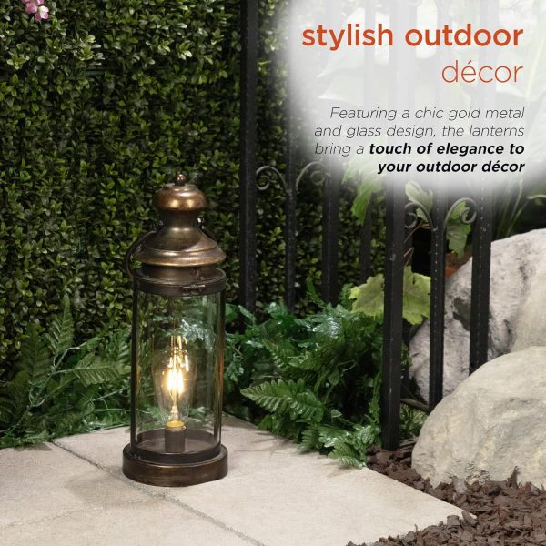Alpine Corporation ILT102HH-L-GD Gold Metal & Glass Lantern with Warm White LED Light, LED Patio Light, 21" H, Large, Gold - Image 57