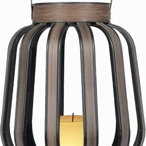 Alpine Corporation QER114SLR-HH-BR-TM Solar Cylindrical Plastic Lantern w/ LED Light, Sleek LED Decor for Deck & Patio, 12" H