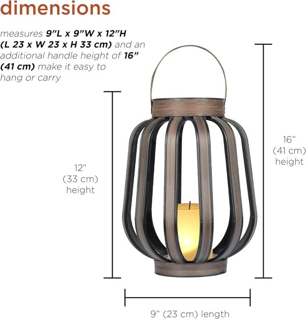 Alpine Corporation QER114SLR-HH-BR-TM Solar Cylindrical Plastic Lantern w/ LED Light, Sleek LED Decor for Deck & Patio, 12" H - Image 8